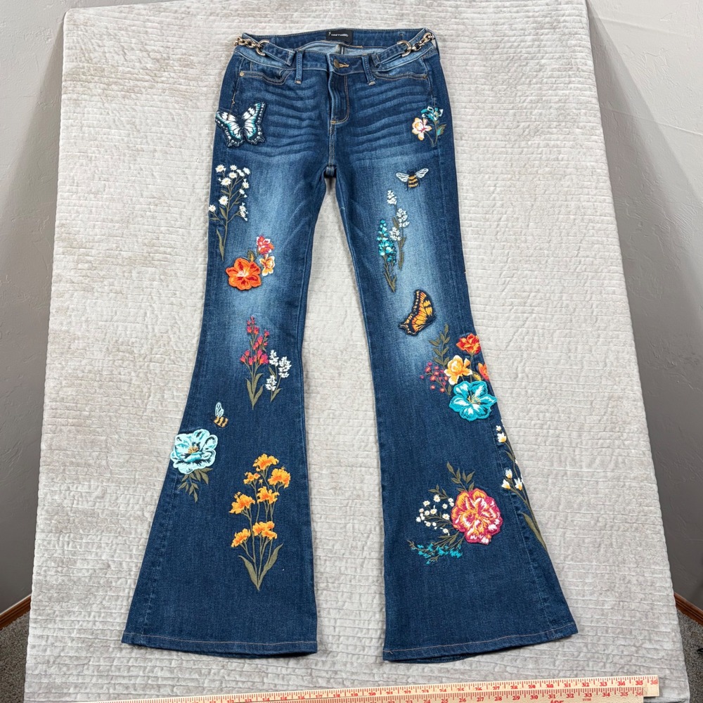 Driftwood Farrah Embroidered Flare Jeans Dark Wash Floral Butterfly Bee 27x34